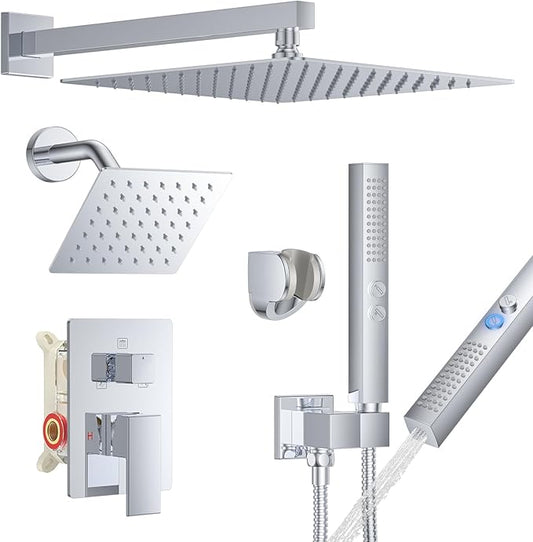 Shower Faucet Set, Wall Mount Shower System 12 and 6 Inch Dual Shower Head Set with 2 in 1 Handheld Spray Rain Shower Faucet with Rough-in Valve and Shower Trim Kit, Polished Chrome