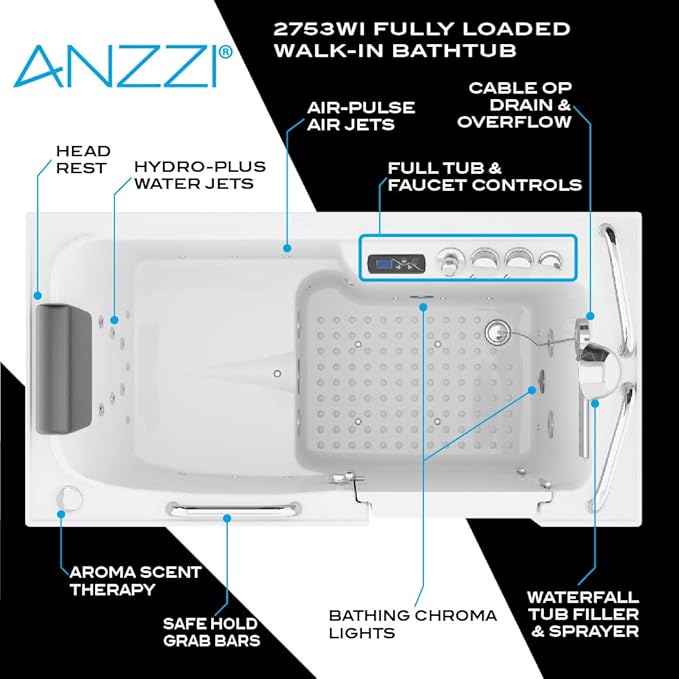 ANZZI Walk In Tub 53" x 27" Right-Drain Bathtub, Air & Whirlpool Massage Jets, Quick Fill with 6‑Setting Handheld Shower, Aromatherapy, Bath Pillow, LED Light | 2753FLWR
