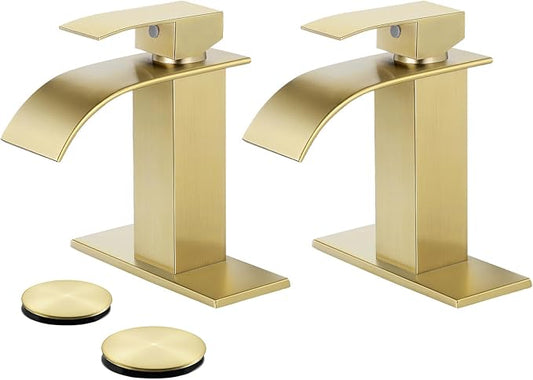 Bathroom Faucets Brushed Gold Waterfall Bathroom Sink Faucet Modern Single Handle Bathroom Faucet for 1 or 3 Hole Mxier Tap Washbasin Faucet with Deck, Pop-up Drain and Supply Hoses 2 Pack