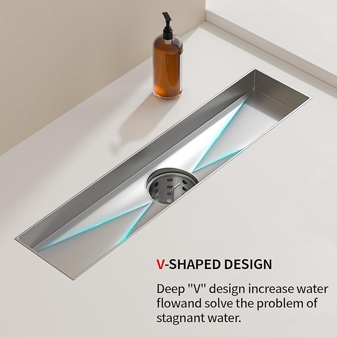 Linear Shower Drain, 304 Stainless Steel with Adjustable Leveling Feet, Hair Strainer,Reversely Install Place to Create an Invisible Floor Drain - Silver -18-Inch