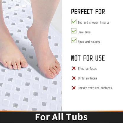 Yimobra Bathtub Mat Non Slip, Super Strong Suction Cups, 27.5"x15.5" Long Shower Mat with Drain Holes, Machine Washable Fast Draining Bath Mats, Bathroom Essentials,White
