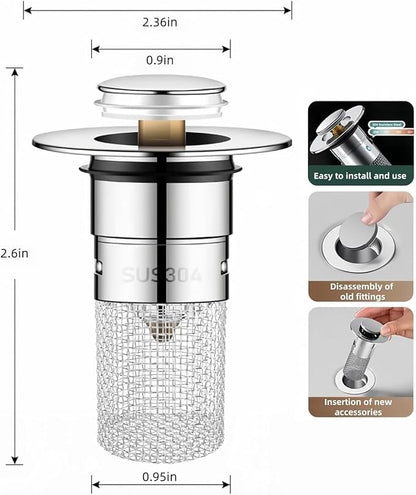Bathroom Sink Stopper Hair Catcher, Pop-up Sink Drain Strainer with Removable 304 Stainless Steel Strainer Basket Hair Catcher, Bathroom Sink Strainer for Bathroom Sink Stopper Replacement