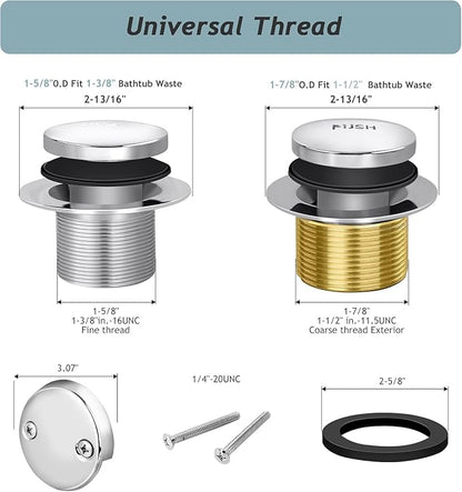 Tip-Toe Bathtub Drain Kit with Two-Hole Overflow Plate, Premium Quality Bath Tub Drain Replacement, Universal Fine/Coarse Thread Bathtub Stopper (Brushed Nickel)