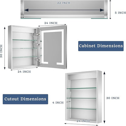 ExBrite LED Lighted Bathroom Medicine Cabinet with Mirror, 24 x 30 Inch, Recessed or Surface Mount, Anti-Fog, Stepless Dimming, Color Temperature Adjustment, 2 Outlets, Storage Shelves, Right Hinge