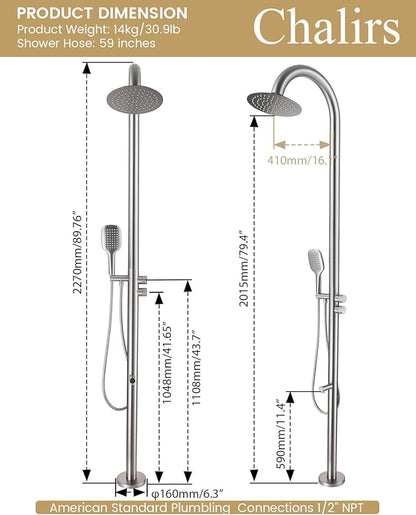 316 Marine Grade Stainless Steel Free Standing Outdoor Shower with Foot Wash, 3-Function Nickel Shower Kit with 10''Rain Shower Head,Outdoor Shower Fixture for Backyard Beach Poolside