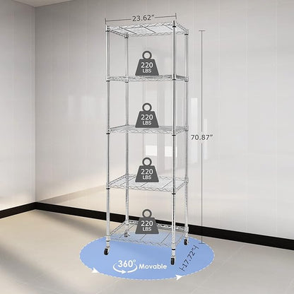 BNSPLY 5 Tier Narrow Wire Shelving Unit with Wheels, Height Adjustable Wire Shelves with NSF Certified, Mobile Metal Storage Rack for Kitchen, Laundry, Bathroom (17.7" D x 23.6" W x 71" H, Chrome)