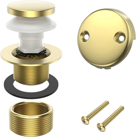 Brushed Gold Tub Drain, Brass Bathtub Drain Kit with Hair Catcher, Tip-Toe Bath Drains and Overflow Replacement kit, Tub Drain Stopper with Two-Hole Overflow Faceplate Conversion kit Assembly
