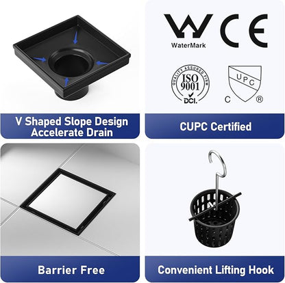 Square Shower Drain 4", Matte Black Floor Drain with Tiled Insert Grate & Hair Strainer, 304 Stainless Steel Bathroom 2-in-1 Tiled in Drain, CUPC Certified (Matte Black, 4'')