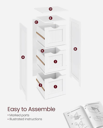 VASAGLE Floor Storage Cabinet, Freestanding Storage Unit with 3 Drawers, 11.8 x 12.6 x 31.9 Inches, for Bathroom, Living Room, Kitchen, Modern Style, Matte White UBBC50WT