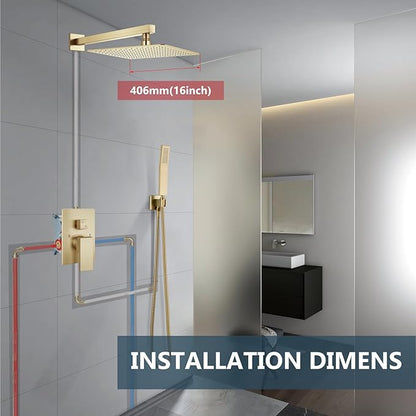 Aolemi Shower Faucet Set Rain Shower System with Handheld Spray Bathroom Shower Combo Rough-in Valve and Shower Trim Kit Included Brushed Gold 16 Inch Wall Mount Shower Head