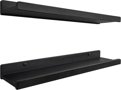 Wood Wedge Floating Shelves for Wall 24 inch, Photo & Picture Ledge, Black Modern Wall Storage Shelves with Lip, Kids Book Shelf, Shelves for Bedroom, Living Room, Bathroom, Kitchen, Set 2
