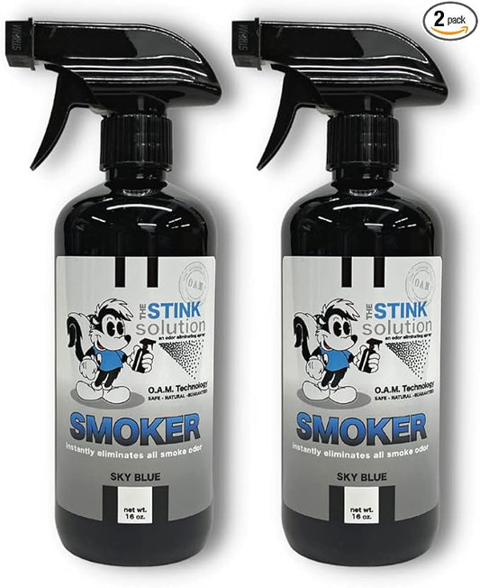 The Stink Solution Smoke Odor Eliminator Spray - Completely Remove Smoke Smell From House, Car, Clothes, Hands, Hair, & More - Best Odor Eliminator For Smoke - Sky Blue Fragrance - 2 16 oz Bottles