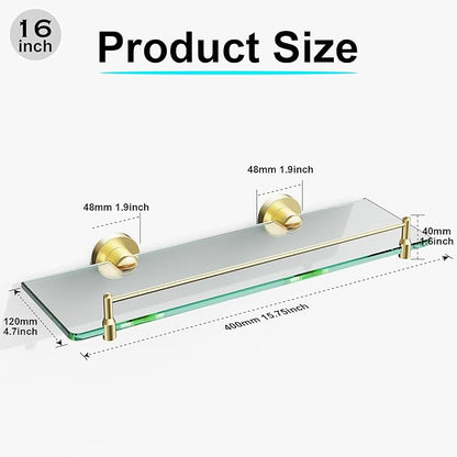 Glass Bathroom Shelves,Brushed Gold Floating Shelves for Wall Rectangular Modern Stainless Steel Glass Shelf for Bathroom Shelves Wall Mounted 16 Inch