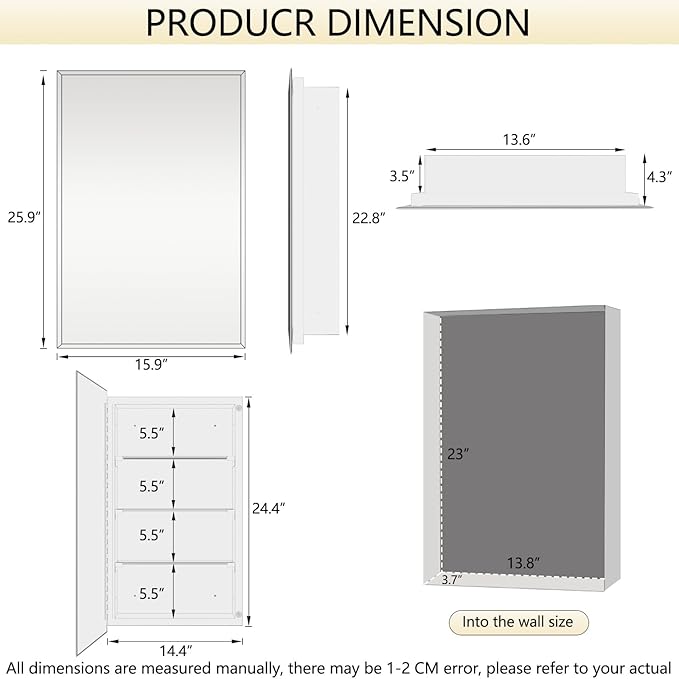 Bathroom Medicine Cabinet with 16x26 in Rectangular Beveled Frameless Mirror,Wall Mounted Mirror Cabinet for Bathroom Toilet Kitchen,Recess or Surface Mount,Already Assembly
