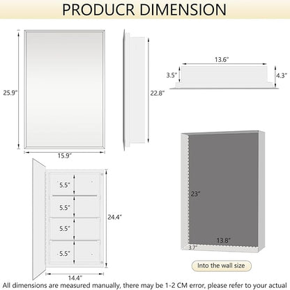 Bathroom Medicine Cabinet with 16x26 in Rectangular Beveled Frameless Mirror,Wall Mounted Mirror Cabinet for Bathroom Toilet Kitchen,Recess or Surface Mount,Already Assembly