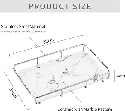 Vanity Tray Makeup Organizer Cosmetics Storage Bathroom Skincare Organizer Countertop Display Rack in Dresser Stainless Steel Shelf Marble Print Ceramic Trays