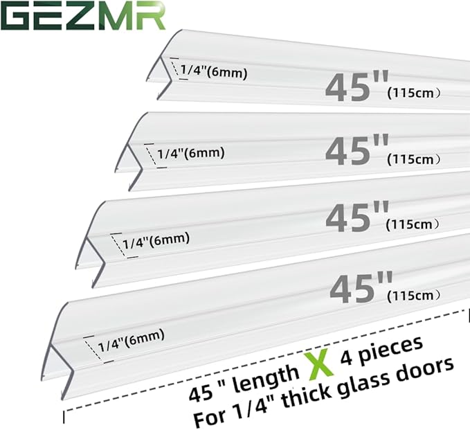 4-Pack Frameless Shower Door Side Seal Strip Shower Door Bottom Seal Shower Door Sweep for 1/4 Inch Thick Glass, Vertical H-Type Glass Door Seal Stop Leaks. (4-Pack x 45" Length)