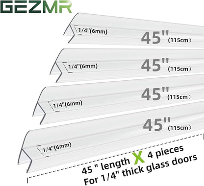4-Pack Frameless Shower Door Side Seal Strip Shower Door Bottom Seal Shower Door Sweep for 1/4 Inch Thick Glass, Vertical H-Type Glass Door Seal Stop Leaks. (4-Pack x 45" Length)
