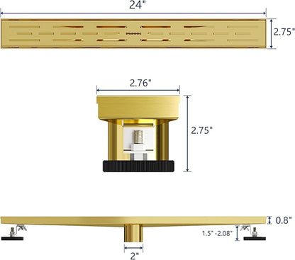 Neodrain 24-in Brushed Brass Rectangular Linear Shower Drain with Brick Pattern Grate, 304 Stainless Steel Bathroom Floor Drain, Gold Linear Drain with Hair Strainer,CUPC Certified