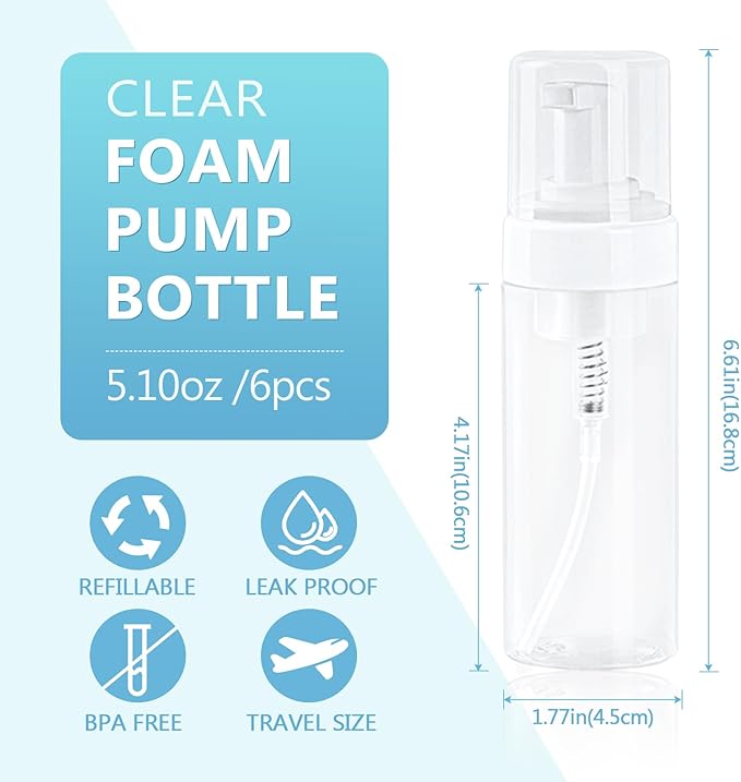 Foam Pump Bottle 5.1oz/150ml Clear Empty Foam Bottle Pump, Travel Foam Bottle for Soap, Shampoo, Cleaning Foam Dispenser Bottle Refillable (6 Pack)