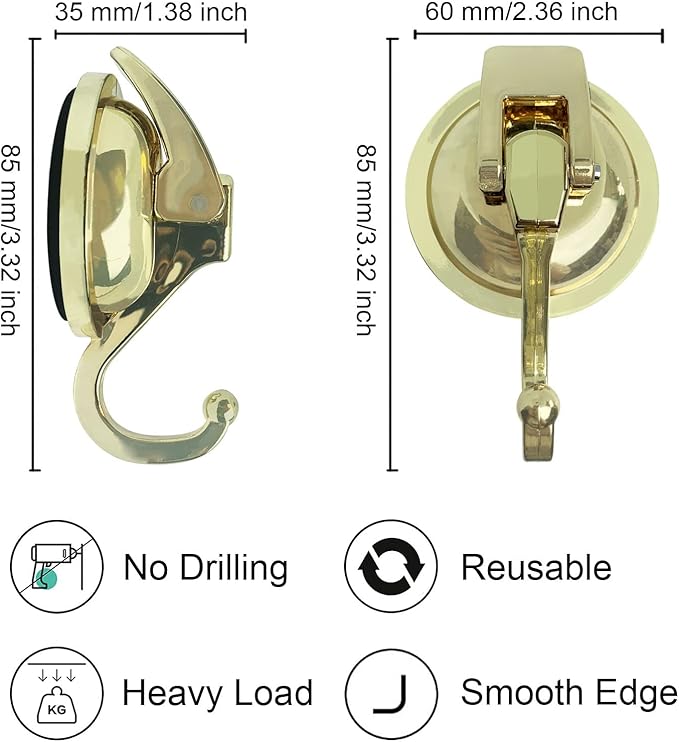 Suction Cup Shower Hooks - Heavy Duty, Glass Suction Hooks for Bathroom Robes and Decorations (Gold, 4 Pack)
