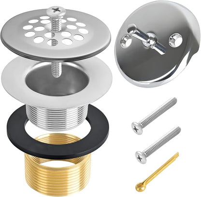 Trip Lever Bath Tub Drain Kit, Universal for 1-1/2" and 1-3/8" Bathtub Drain Replacement, No Putty Installation Bathtub Drain Set with Trip Lever Overflow Faceplate and Strainer, Tub Trim Kit