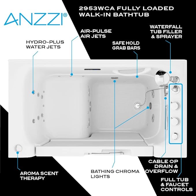 ANZZI Walk In Tub for Seniors 29"x53" Left Drain ADA Wheelchair Accessible - 30 Therapeutic Jets, Quick Fill Faucet, Aromatherapy, Chromatherapy - Compact Design | 2953WCLWD