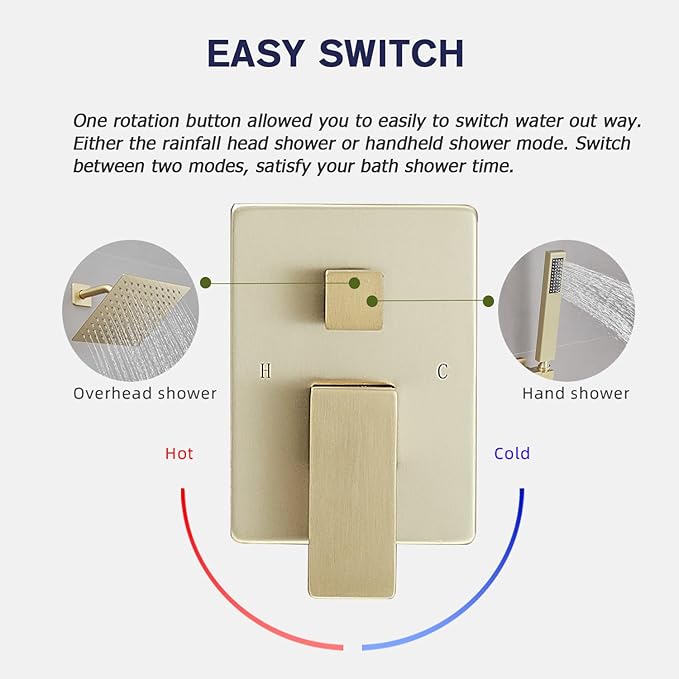 Shower Faucet Set System 10 Inch Shower Head High Pressure Handheld Spray Combo Set with Rough-in Valve for Bathroom and Shower Room, Brushed Gold Finishing