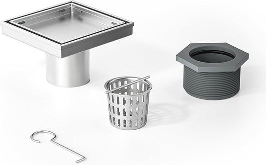 Square Shower Drain 4", Brushed Floor Drain with Tiled Insert Grate & Hair Strainer, 304 Stainless Steel Bathroom 2-in-1 Tiled in Drain, CUPC Certified (Brushed, 4'')