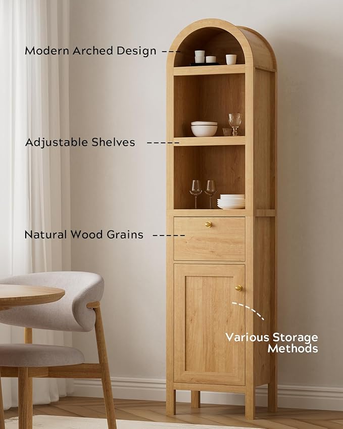67" Tall Arched Bathroom Narrow Storage Cabinets Set of 2 with Adjustable Shelf, Farmhouse Freestanding Tower Cabinet with Door and Drawer for Kitchen, Living Room, Natural Oak