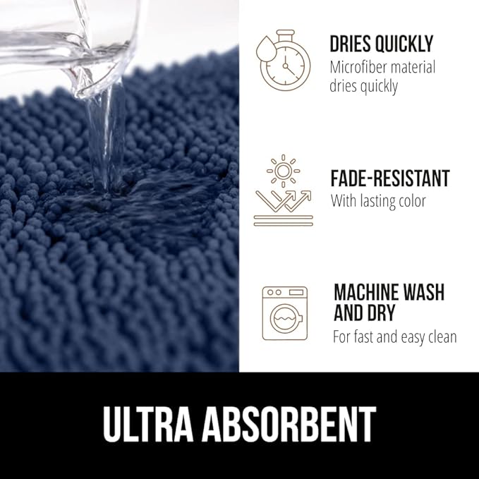 GORILLA GRIP Bath Rug Mat 44x26, Soft Absorbent Chenille, Quick Dry Microfiber Mats, Rubber Backing Washable Shower Floor Rugs, Bathmat Runner, US Designed Bathroom Home Decor Accessories Navy Blue