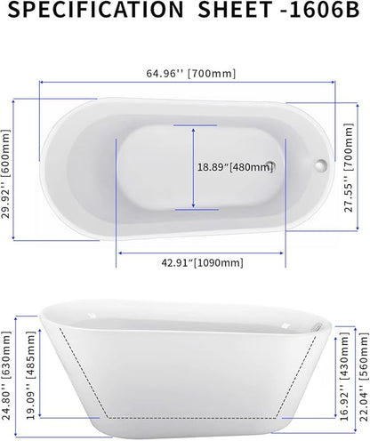65" Acrylic Freestanding Bathtub, Single Slipper Free Standing Tub, Soaking Tub with Integrated Slotted Overflow, Toe-Tap Chrome Drain, cUPC Certified, Glossy White