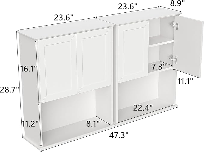 Bathroom Wall Cabinet Wooden with 2 Doors,Over the Toilet Storage Cabinet,Bathroom and Laundry Wall Mount Storage Medicine Cabinet with Open and Adjustable Shelf,Easy Assembly (Style A-2 PC, White)
