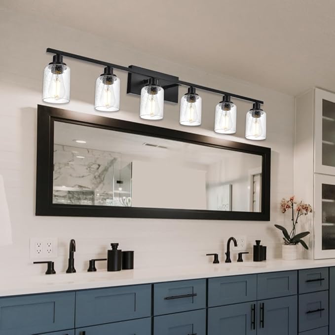 6-Light Seeded Glass Vanity Light Fixtures in Matte Black Finish, 45.3 Inches Length Modern Bathroom Wall Lighting Over Mirror Wall Mount Lights