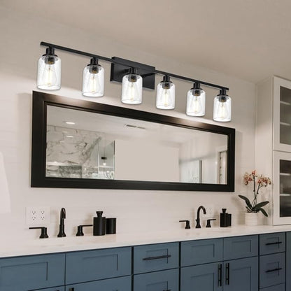 6-Light Seeded Glass Vanity Light Fixtures in Matte Black Finish, 45.3 Inches Length Modern Bathroom Wall Lighting Over Mirror Wall Mount Lights