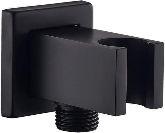 Wall Supply Elbow with Hand Shower Holder, Keymark Brass Square 1/2″Shower Hose Connector, Wall Mount Drop Ell Union Water Outlet, Black