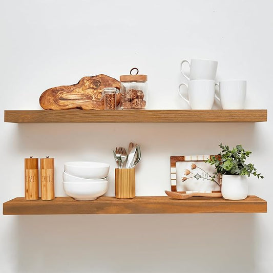 Homeforia 36 inch Golden Oak Floating Shelf, High End Solid Real Wood 36inch Small Floating Shelves for Wall Mounted, Oak Wooden 36in Floating Shelves, Heavy Duty Bracket, 36 X 6.5 X 1.75 in, Set of 3