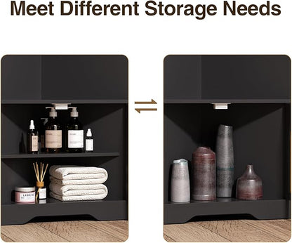 67''H Tall Corner Cabinet with Handmade Rattan Door, Rattan Storage Cabinet with Adjustable Shelves, Corner Bookshelf Space Saver for Barthroom, Kitchen, Living Room, Black