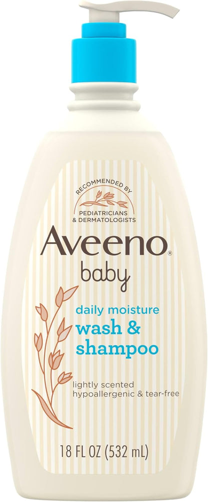 Aveeno Baby Daily Moisture Gentle Body Wash & Shampoo with Oat Extract, 2-in-1 Baby Bath Wash & Hair Shampoo, Tear- & Paraben-Free for Hair & Sensitive Skin, Lightly Scented, 18 fl. oz