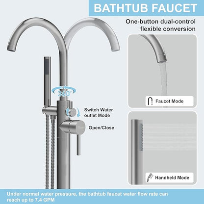 Freestanding Bathtub Faucet, Floor Mount Bathtub Faucet with 2 Water Outlet Mode, Swivel Gooseneck Spout with Hand Shower, Brass Single Handle Tub filler, Max Flow Rate 7.4 GPM,Brushed Nickel