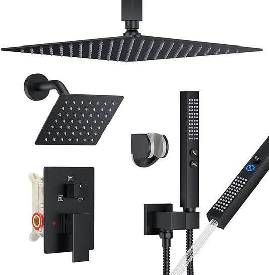 Shower Faucet Set, Ceiling Mount Shower System 12-inch & 6-inch Dual Shower Head Set with 2 in 1 Handheld Spray Rain Shower Faucet Head with Rough-in Valve and Shower Trim Kit, Matte Black
