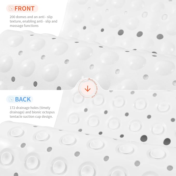 Anti-Slip Bathtub Shower mat, 39.3×15.7 inch（Approximately 100 × 40cm） Soft Oversized Machine Washable Non-Slip Bathtub mat with Drainage Holes, Bathroom Floor Suction Cup.（1-Opaque White）