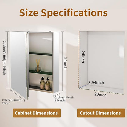 BEAUTYPEAK 20 x 24 Inch Medicine Cabinet with Mirror, Wall Mounted Bathroom Mirror Cabinet, Medicine Cabinet Mirror with Storage & Adjustable Shelves