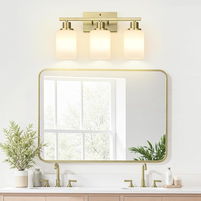 3-Light Bathroom Light Fixtures, Aged Brass Vanity Light with Milky White Shades, Bathroom Lighting Fixtures Over Mirror, Modern Bathroom Wall Lamp for Mirror Living Room Cabinet Bedroom