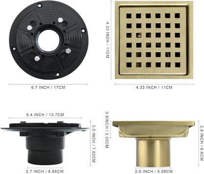 4 Inch Square Shower Drain, 304 Stainless Steel Shower Floor Drain Kit with Flange, Removable Grid Cover Hair Strainer, Golden Brushed Nickel for Bathroom, Garage, Laundry Room
