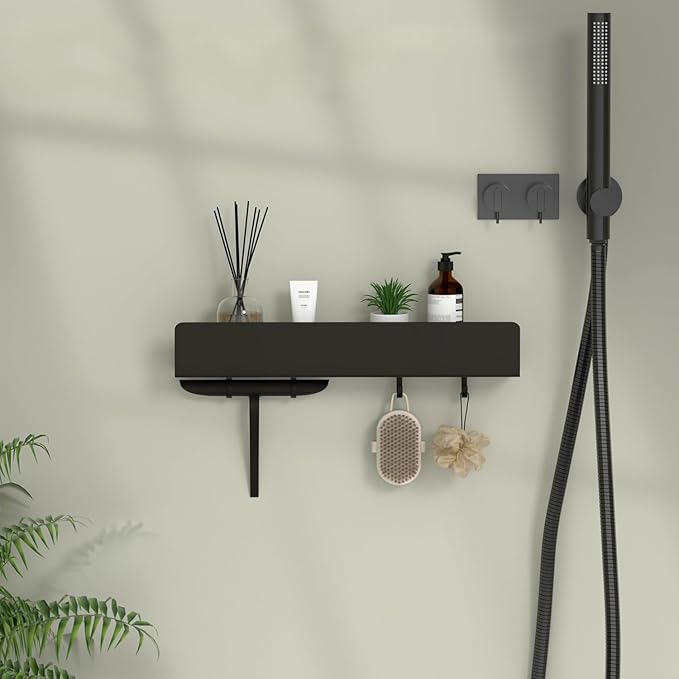 REKITA No Drill Shower Shelf Organizer, 40cm Stainless Steel Bathroom Storage with 4 Removable Hooks, Adhesive Wall Mounted Shower Caddy, Rustproof Bath Shelf for Bathroom Kitchen Living Room