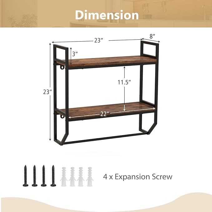 POWERSTONE 2-Tier Bathroom Towel Rack Industrial Wall Mounted Shelf with Towel Bar, Over The Toilet Storage Shelf with Metal Frame for Bathroom Kitchen Laundry Room Rustic Brown