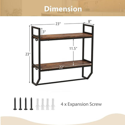 POWERSTONE 2-Tier Bathroom Towel Rack Industrial Wall Mounted Shelf with Towel Bar, Over The Toilet Storage Shelf with Metal Frame for Bathroom Kitchen Laundry Room Rustic Brown