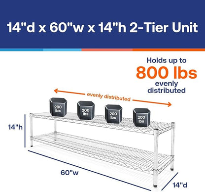 Shelving Inc. 14" d x 60" w Chrome Wire Shelving with 2 Tier Shelves, Weight Capacity 800lbs Per Shelf