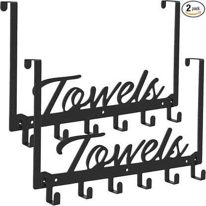 2 Pack Over The Door Hooks, Towel Rack for Bathroom Towel Holder for Hanging Heavy Duty, Over Door Towel Hanger with 12 Coat Hooks for Bedroom Bathroom Kitchen Towels, Bag, Hats, Black